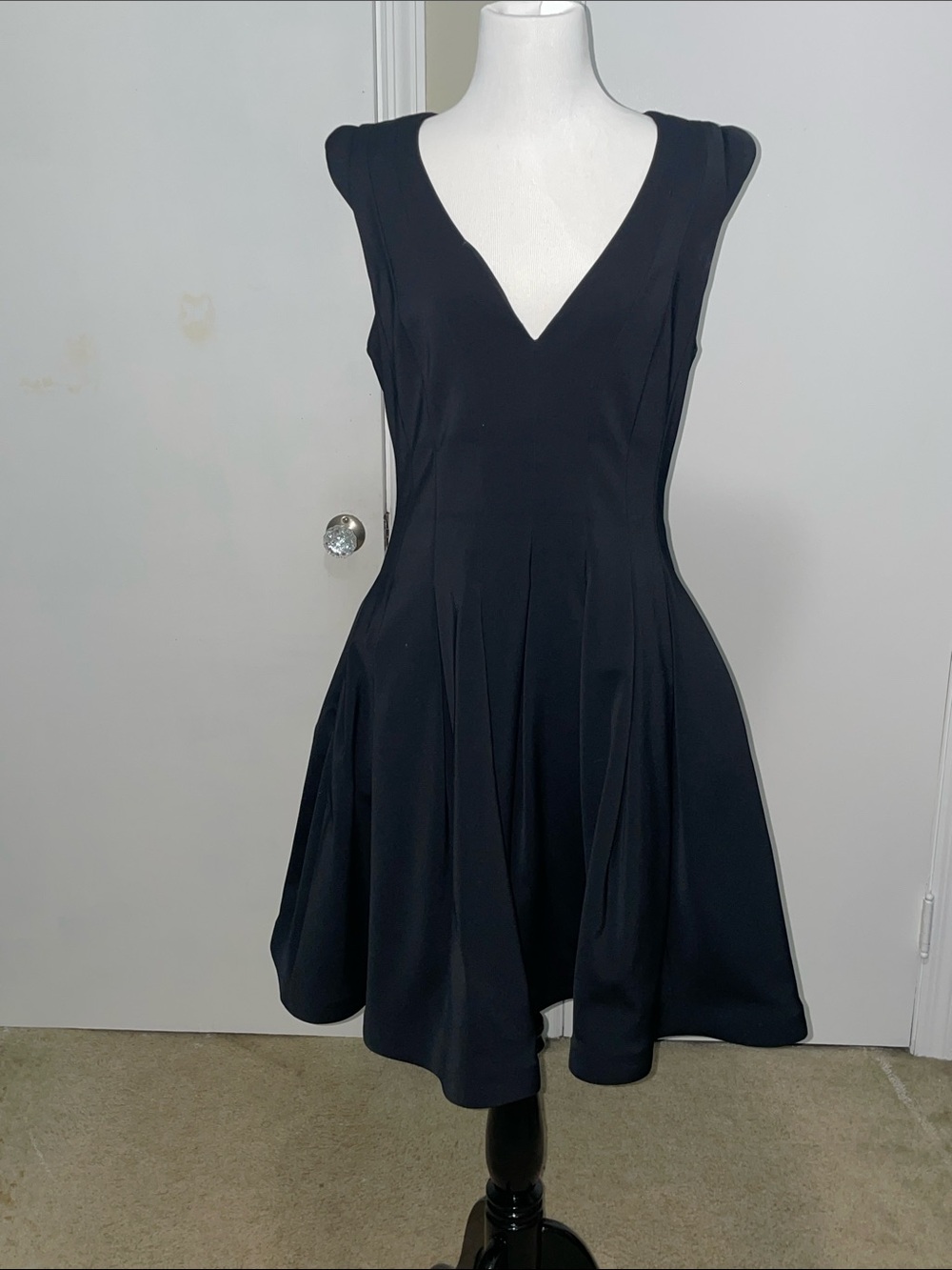 Halston Heritage Black V-Neck Midi Fit-and-Flare Dress